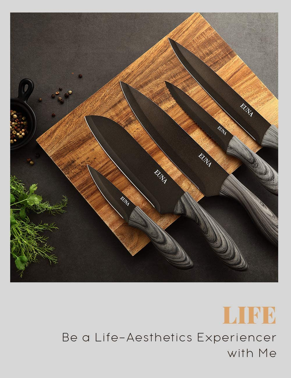 EUNA Kitchen Knife Set with Multiple Sizes, [Ultra-Sharp] Japanese Knives with Sheaths and Gift Box, Chef Knife Set for Professional Multipurpose Cooking with Ergonomic Handle (5PCS)