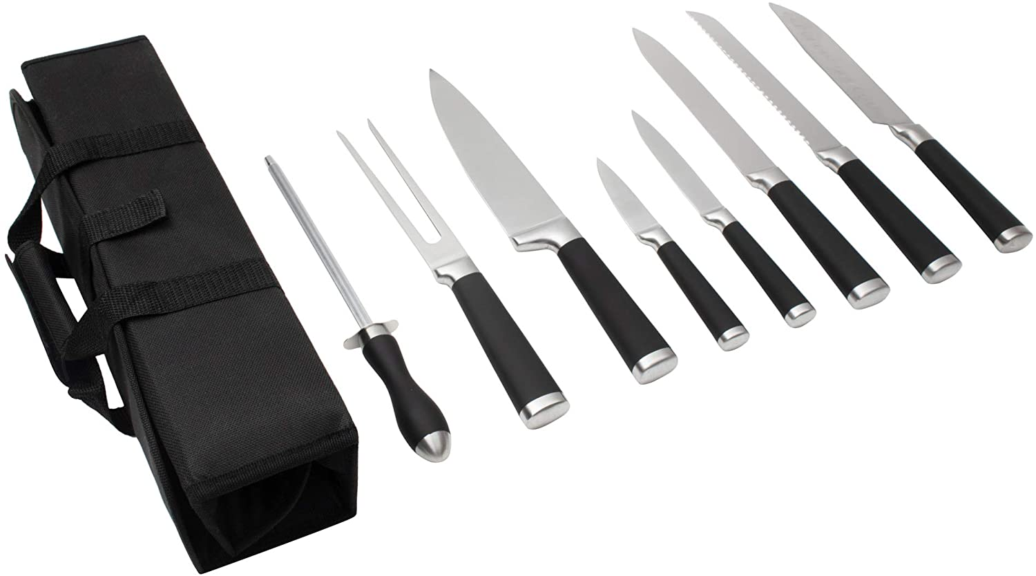 9-Piece Kitchen Knife Set in Carry Case - Ultra Sharp Chef Knives with Ergonomic Handles - Professional Japanese Chef'S Knife Set with Paring, Carving, Bread, Santoku, Utility Knives, Fork, Sharpener