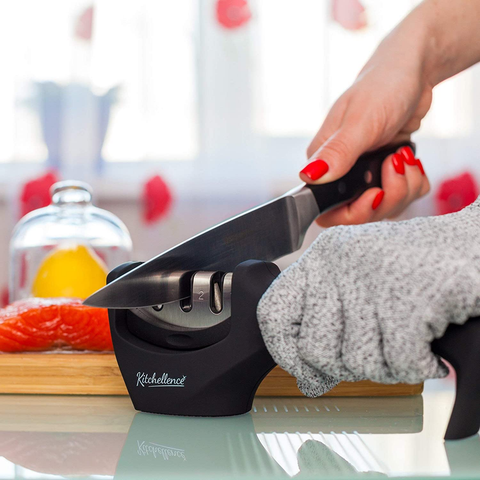 Image of 4-In-1 Kitchen Knife Accessories: 3-Stage Knife Sharpener Helps Repair, Restore, Polish Blades and Cut-Resistant Glove (Black)
