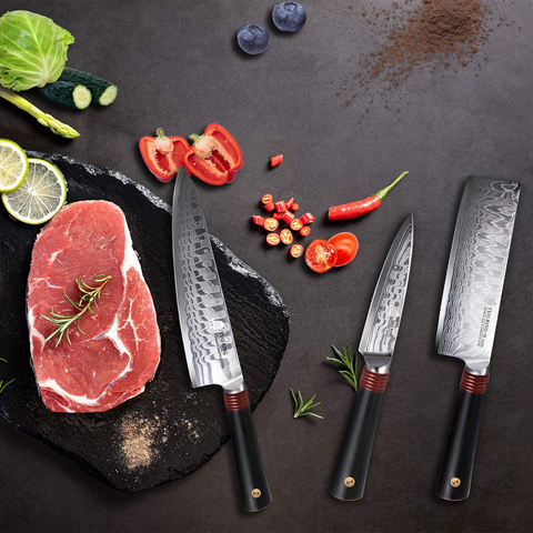 Image of TUO Damascus Kitchen Knife Set 3 Piece, 8" Chef Knife, 6.5" Nakiri Knife and 3.5" Paring Knife, Japanese AUS-10 High Carbon Stainless Steel, Full Tang G10 Handle - Gift Box - Ring-D Series