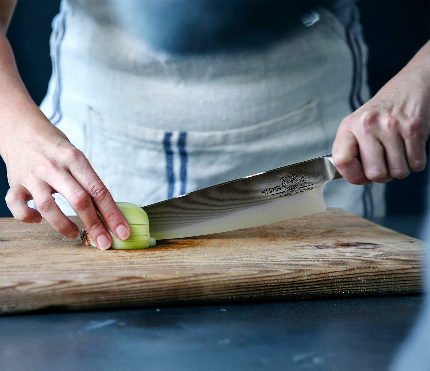 KUMA Professional Damascus Knife - 8 Inch Japanese Chef Knife, AUS10 Core - Corrosion and Stain Resistant - G10 Handle & Sheath Made of Hardened Carbon Steel