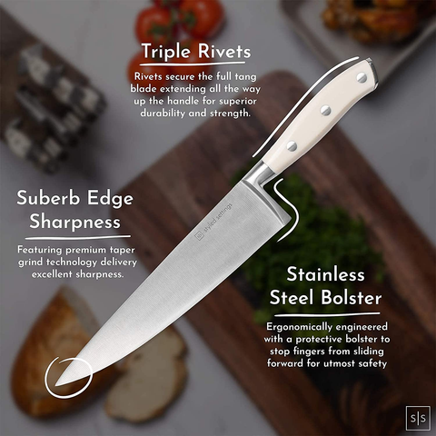 Image of White Knife Set with Block - 14 Piece Forged Stainless Steel Triple Rivet White Kitchen Knife Set with Heavy Duty Kitchen Shears and Self Sharpening Knife Block Set