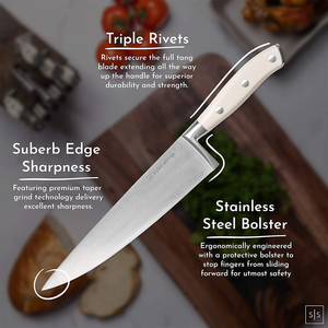 White Knife Set with Block - 14 Piece Forged Stainless Steel Triple Rivet White Kitchen Knife Set with Heavy Duty Kitchen Shears and Self Sharpening Knife Block Set