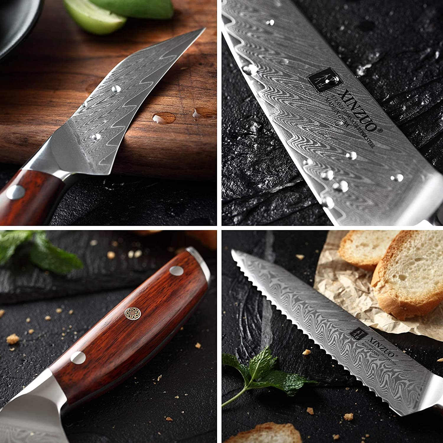 XINZUO 7PC Kitchen Knife Set with Block Wooden, Professional Damascus Steel Chef Knife Santoku Bread Utility Fruit Knife with Multifunctional Kitchen Shears,Ergonomic Rosewood Handle- Yi Series