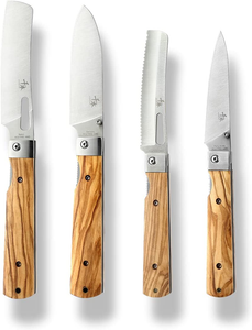 Senbon 440A Stainless Steel Gift Wrapped 4 Piece Set Sharp Pocket Folding Japanese Chef Knife Universal Peeling Knife Bread Knife Combination Set Portable Kitchen Knives with Natural Olive Handle.