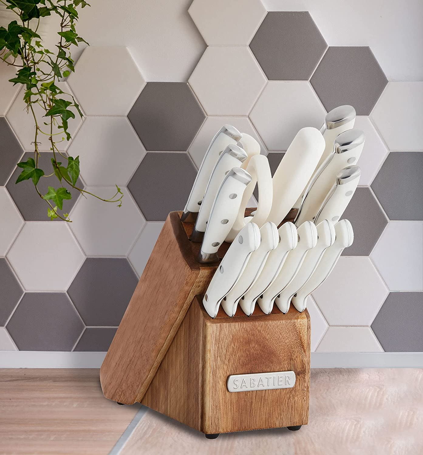 Sabatier Forged Triple Rivet Knife Block Set, 15-Piece, White