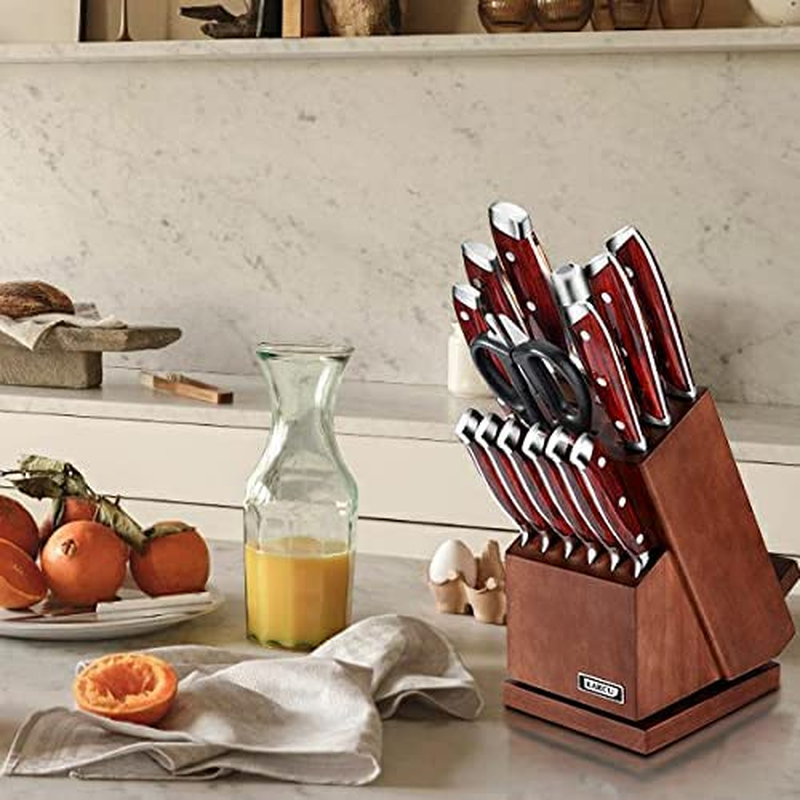 Knife Set, Karcu Kitchen Knife Set with Block, 15-Piece German High Carbon Steel with Acrylic Handle, Rotating Acacia Block