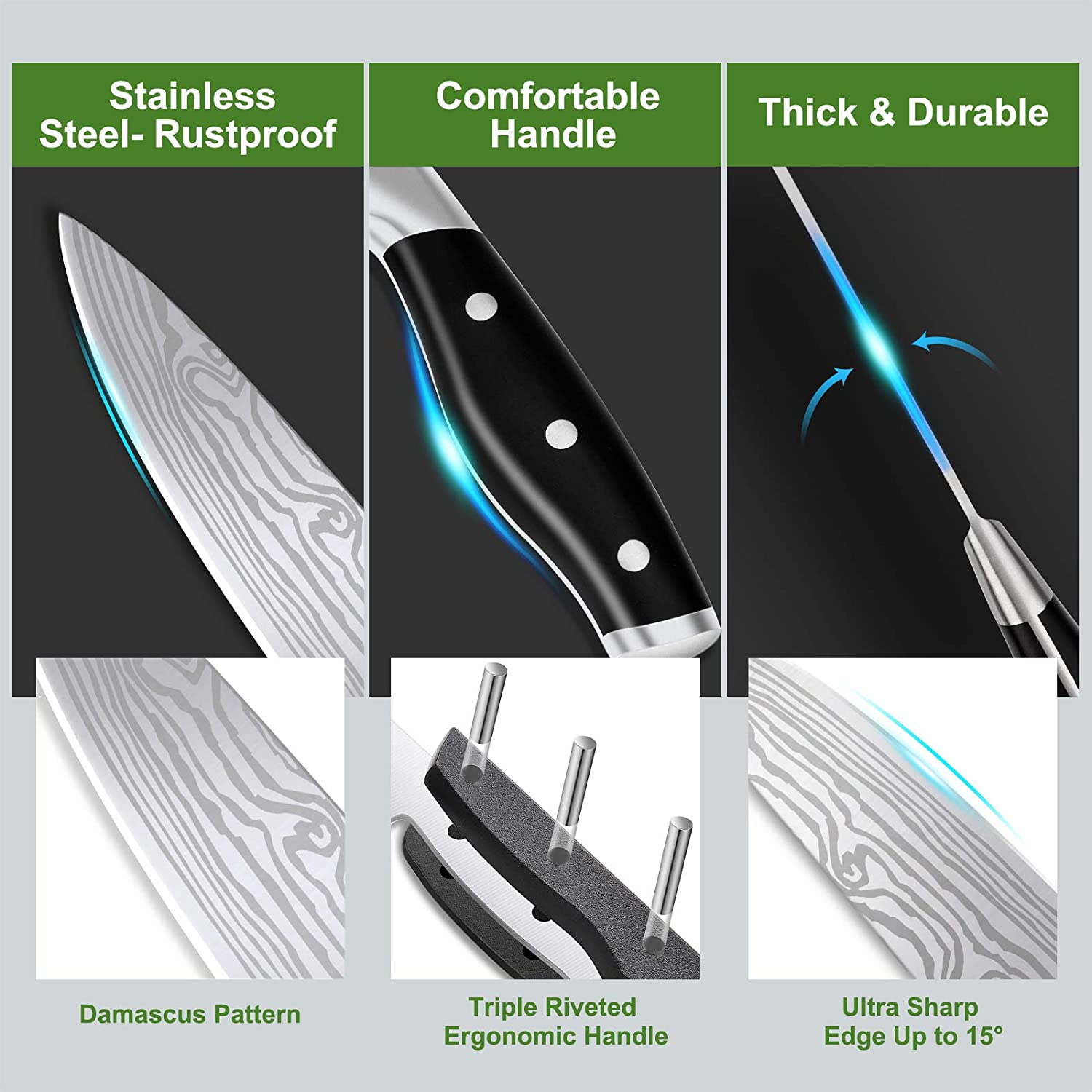 Knife Set, 23 Pcs Kitchen Knife Set with Block & Sharpener Rod, High Carbon Stainless Steel Chef Knife Set, Ultra Sharp, Full-Tang Design