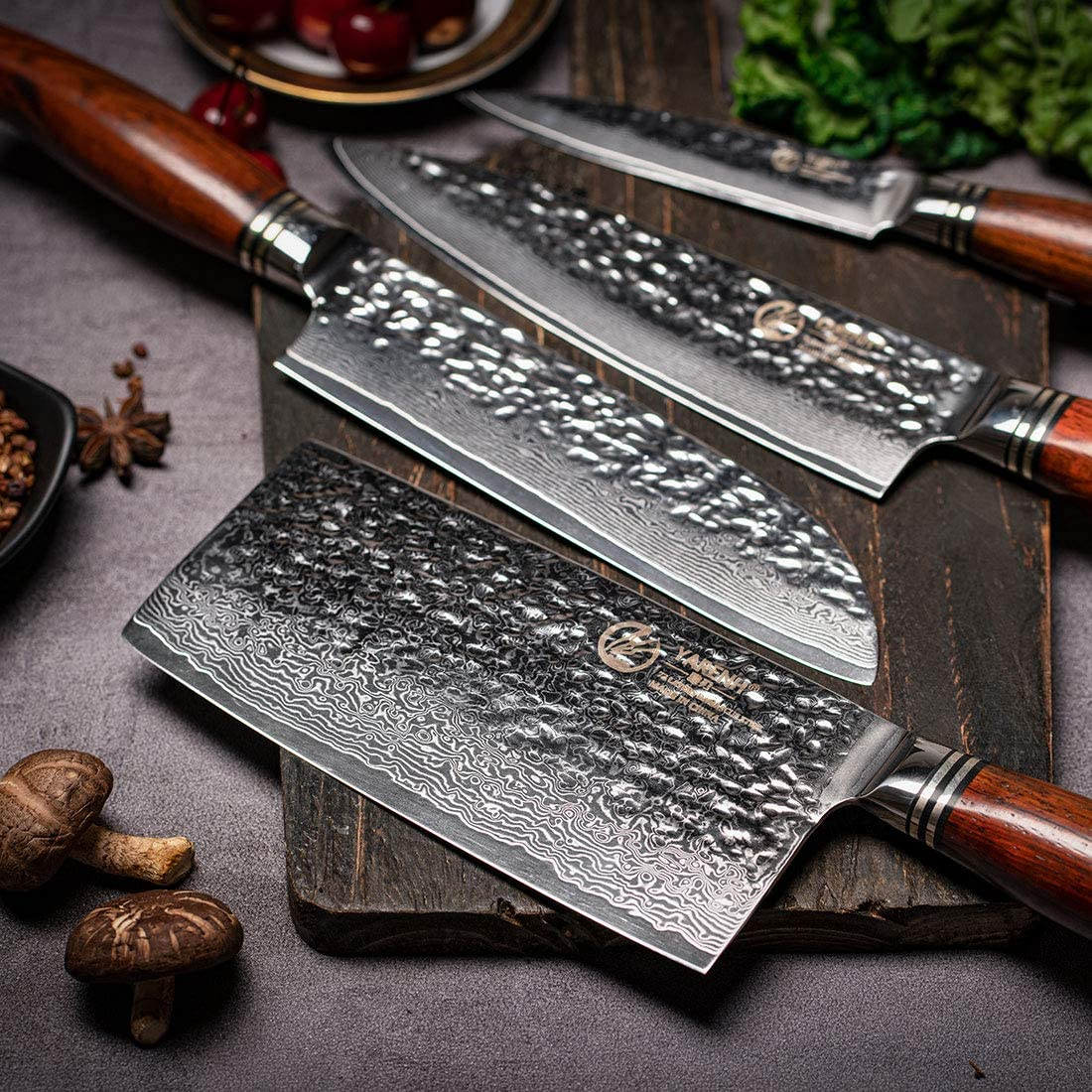 YARENH Damascus Kitchen Knife Set with Cleaver 4 Pcs - 73 Layers Japanese High Carbon Stainless Steel - Full Tang Natural Dalbergia Wood Handle - Professional Chef Knife Set