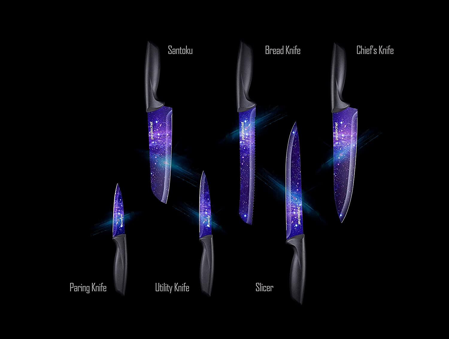 Purplechef 10 Pieces Purple Galaxy Kitchen Knives Set. Includes 6 Stainless Steel Knives, Scissors, Knife Sharpener, Peeler, and Clear Acrylic Stand.