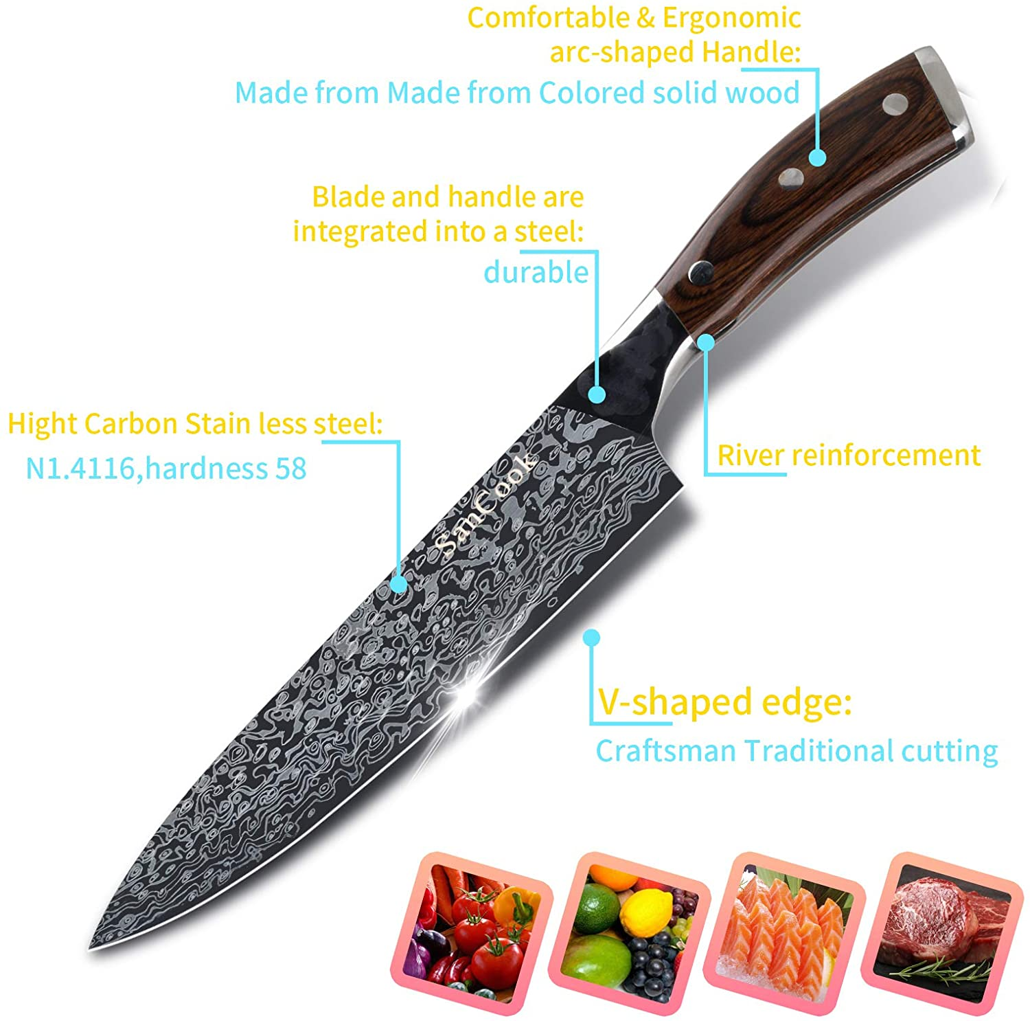 Sancook Chef Knife 8 Inch Kitchen Knife Sharp Professional Knife ,Chefs Knife Chopping Knife German High Carbon Stainless Steel 4116 Knives with Ergonomic Handle-Chef Gifts for Men Damascus Pattern