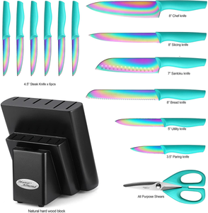 DISHWASHER SAFE KYA27 Rainbow Titanium Cutlery Knife Set, Marco Almond 14-Piece Kitchen Knives Block Sets, Teal