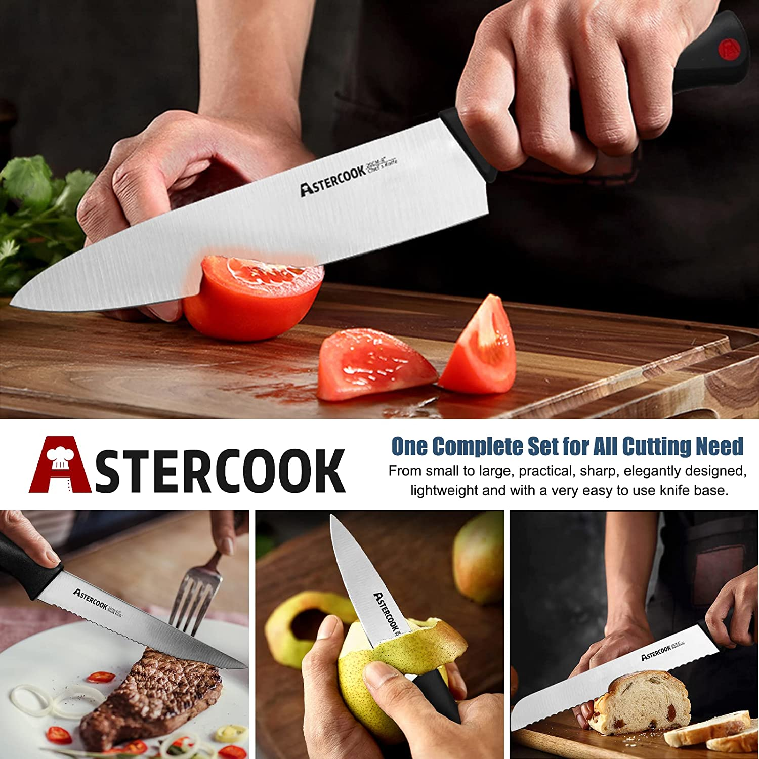 Astercook Knife Set with Built-In Sharpener Block, Dishwasher Safe Kitchen Knife Set with Block, 14 Pcs High Carbon Stainless Steel Block Knife Set with Self Sharpening and 6 Steak Knives, Black…