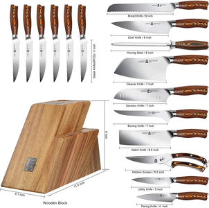 TUO 17 PCS Kitchen Knives Set - Kitchen Block Set with Steak Knife - German X50Crmov15 Steel Blade - Full Tang Pakkawood Handle - Gift Box Included - Fiery Series