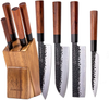 FAMCÜTE Japanese Chef Knife Set, 3 Layer 9CR18MOV Clad Steel W/Octagon Handle and Block Wooden Holder for 4Piece Kitchen Knife Set (8” Gyuto Knife, 7” Nakiri Knife, 7” Santoku Knife, 5” Utility Knife)