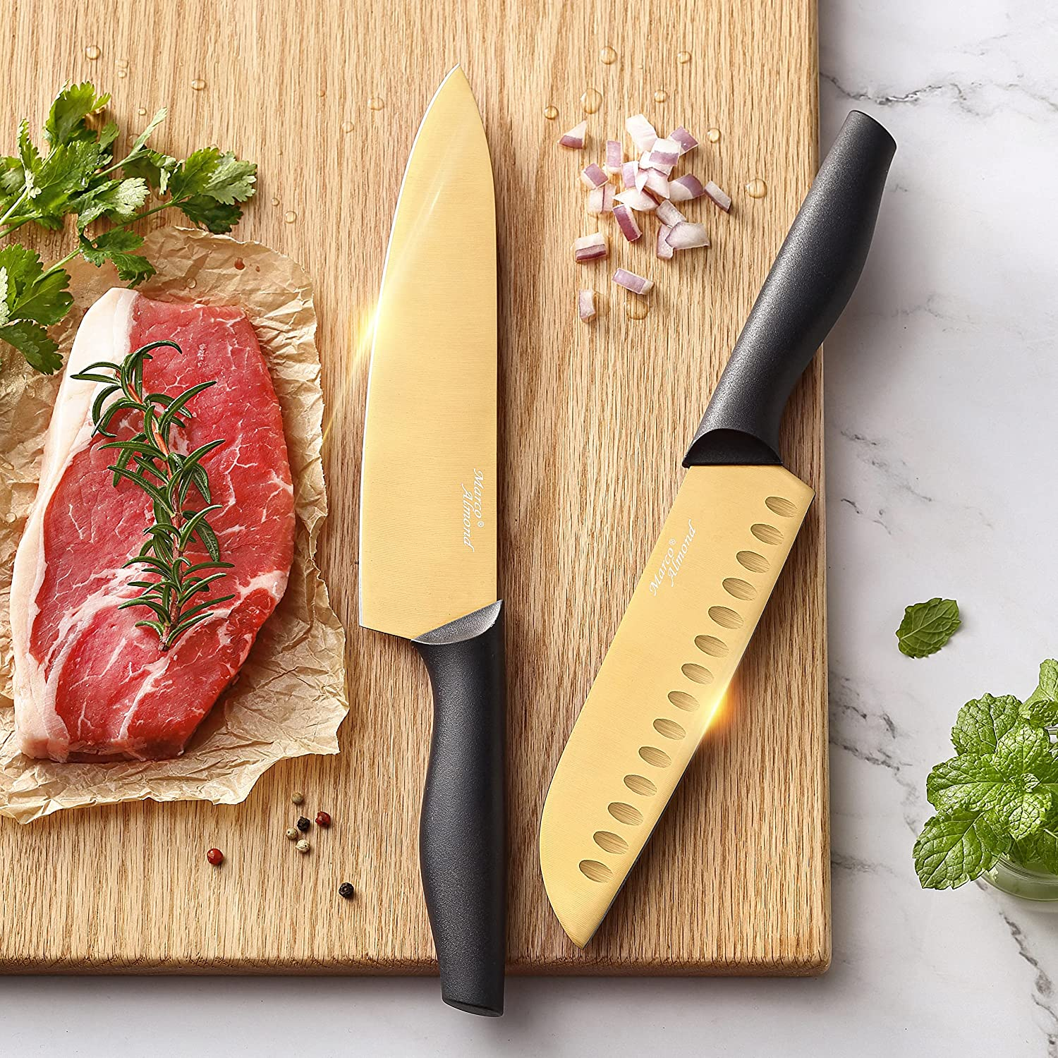 Marco Almond Golden Titanium Knife Set with Acrylic Stand, Kitchen Knives Set with Block, Scissor,Santoku Knife,6 Golden Steak Knives Cutlery Gold Knife Set,14Piece Set,Black Handle