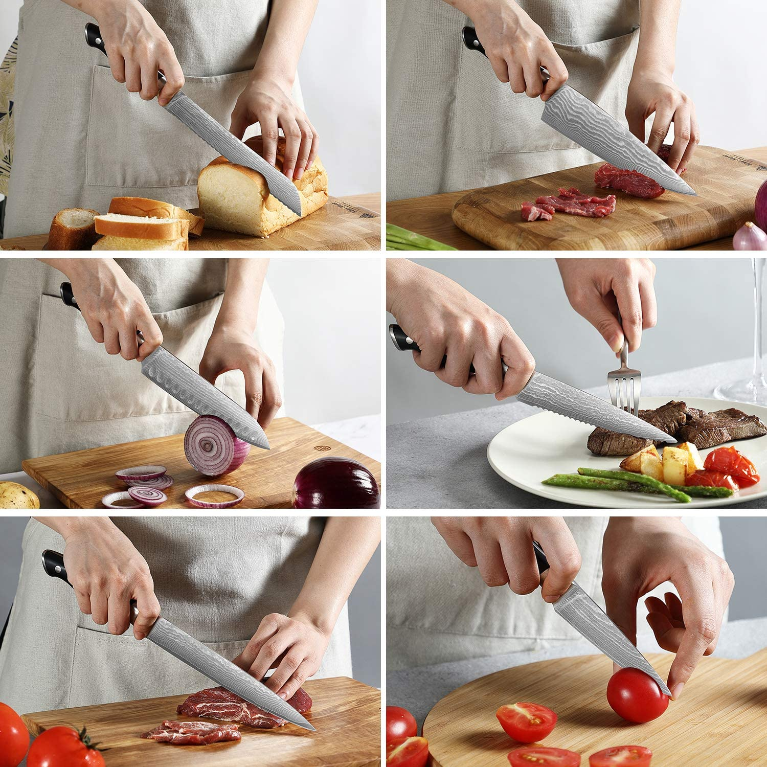 Kitchen Damascus Knife Set, 9-Piece Kitchen Knife Set with Block, ABS Ergonomic Handle for Chef Knife Set, Knife Sharpener and Kitchen Shears, Beechwood Block