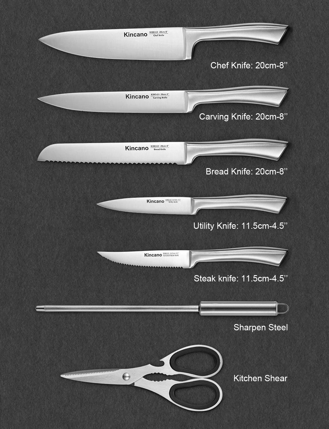 Knife Set, 14 PCS High Carbon Stainless Steel Kitchen Knife Set for Chef, Super Sharp Knife Set with Acrylic Stand, Include Steak Knives, Sharpener and Scissors, Ergonomical Design by Kincano