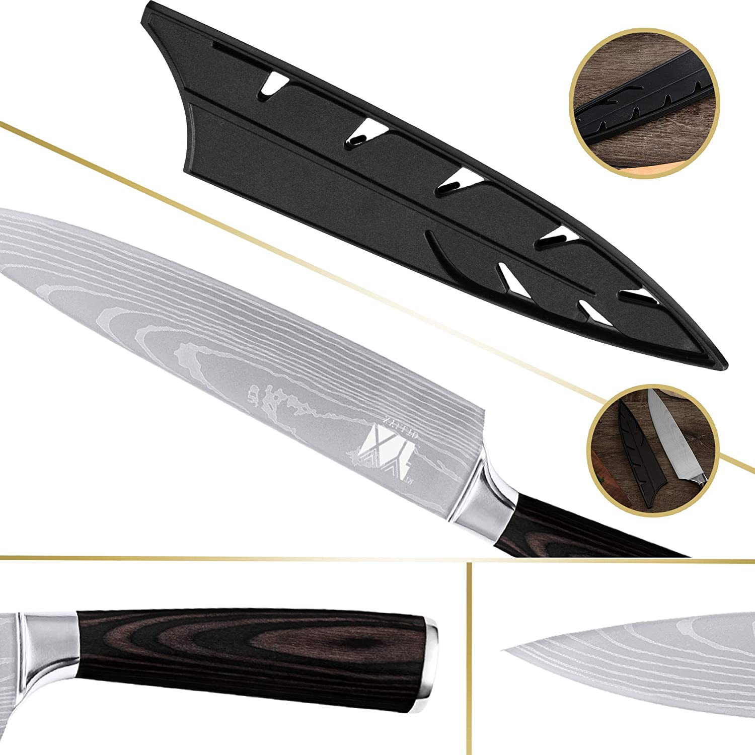 XYJ Stainless Steel Kitchen Knives Set 10 Piece Chef Knife Set with Knife Sharpening Rod Carry Case Bag & Sheath Well Balance Ergonomic Handle