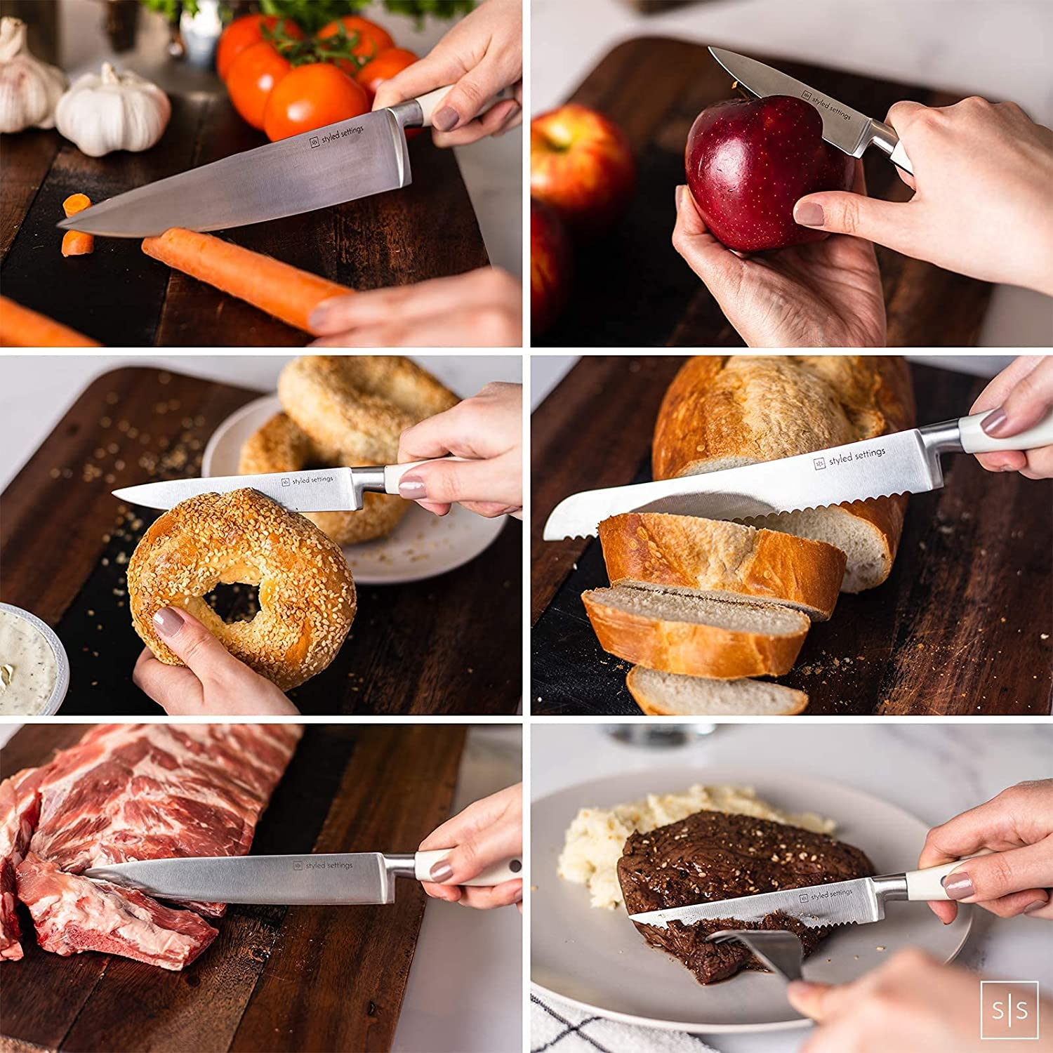 White Knife Set with Block - 14 Piece Forged Stainless Steel Triple Rivet White Kitchen Knife Set with Heavy Duty Kitchen Shears and Self Sharpening Knife Block Set