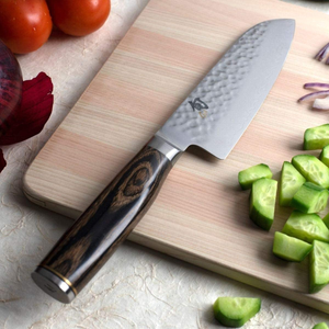 Shun Premier 5.5-Inch Santoku; Top Performance in Smaller Kitchen Knife; Proprietary Steel, High-Performance Blade; Hammered Tsuchime Blade Finish; Walnut Pakkawood Handle; Handcrafted in Japan