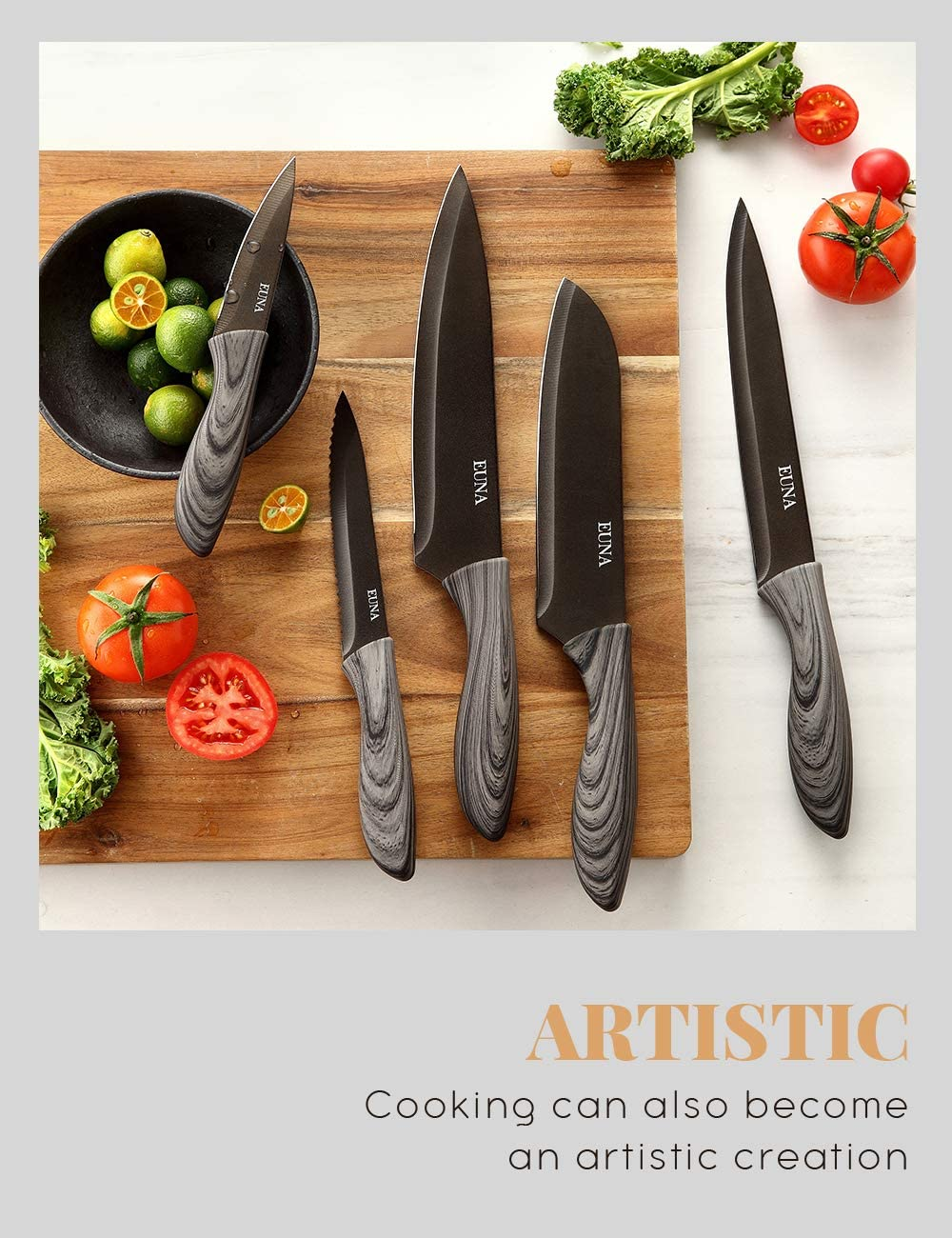 EUNA Kitchen Knife Set with Multiple Sizes, [Ultra-Sharp] Japanese Knives with Sheaths and Gift Box, Chef Knife Set for Professional Multipurpose Cooking with Ergonomic Handle (5PCS)