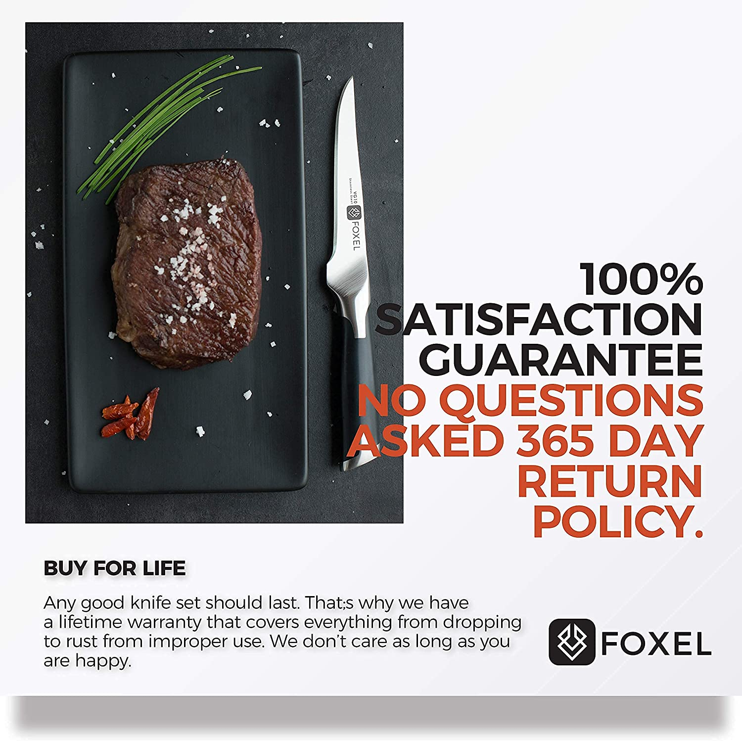 Foxel Best Steak Knives Knife Set of 4, 8, or 12 - Non Serrated Straight Edge Blade Razor Sharp - Rust Resistant Japanese VG10 Steel - Gift Box Set - Hand Wash Only