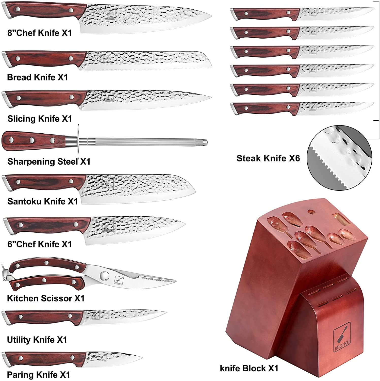Kitchen Knife Set,Imarku 16-Piece Knife Set with Block,Professional German Stainless Steel Knife Set with 6 Steak Knives and Knife Sharpener,Unique Hammered Design
