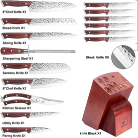 Kitchen Knife Set,Imarku 16-Piece Knife Set with Block,Professional German Stainless Steel Knife Set with 6 Steak Knives and Knife Sharpener,Unique Hammered Design
