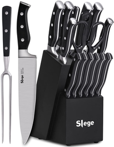 Knife Set, 16-Piece Kitchen Knife Set with Block Wooden, Manual Sharpening for Black Chef Knife Set with Carving Fork, German Stainless Steel Knife Block Set by Slege