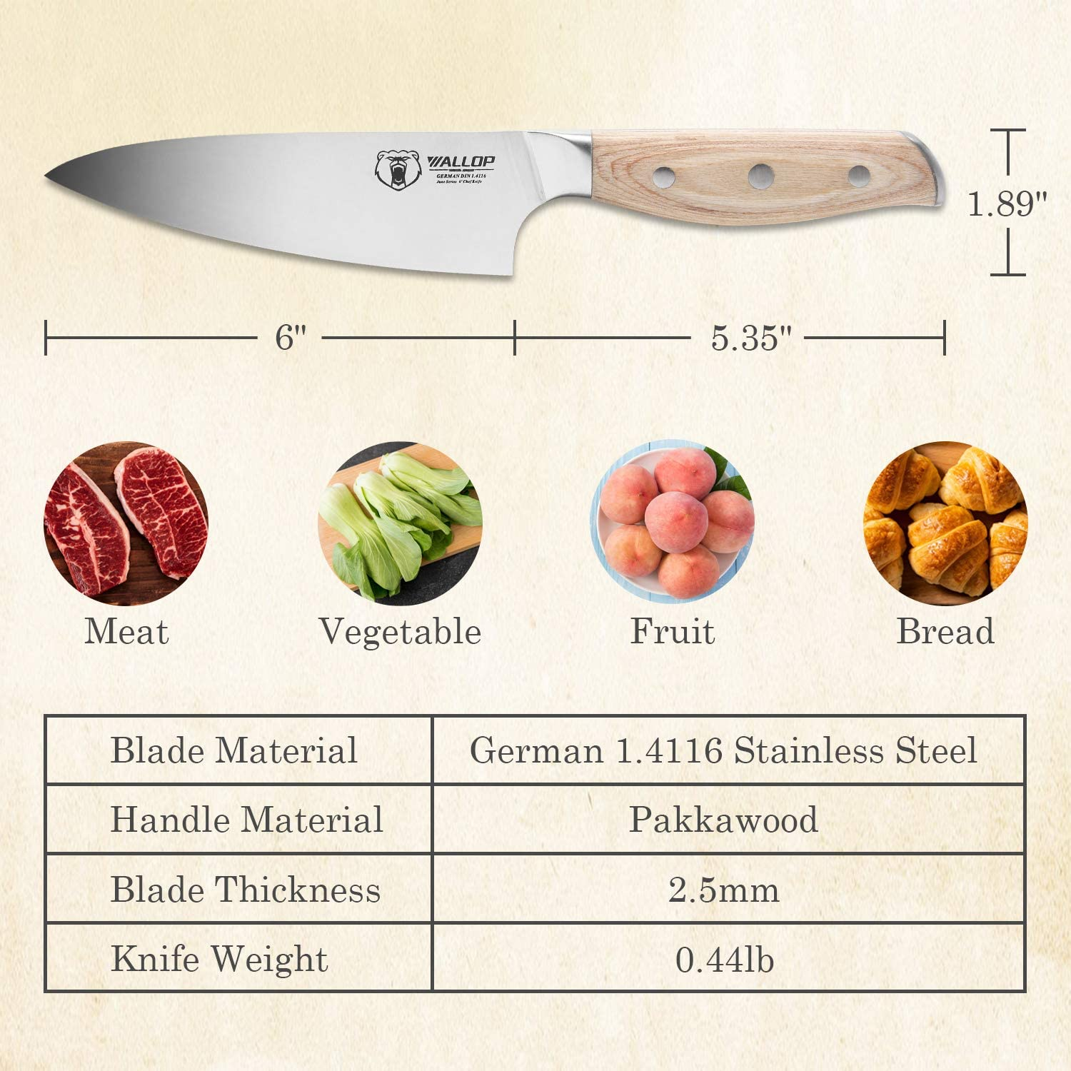 WALLOP Chef Knife - 6 Inch Small Kitchen Chef Knife, Razor Sharp Cooking Knife - German Stainless Steel Japanese Gyuto Knife - Full Tang Natural Pakkawood Handle with Gift Box