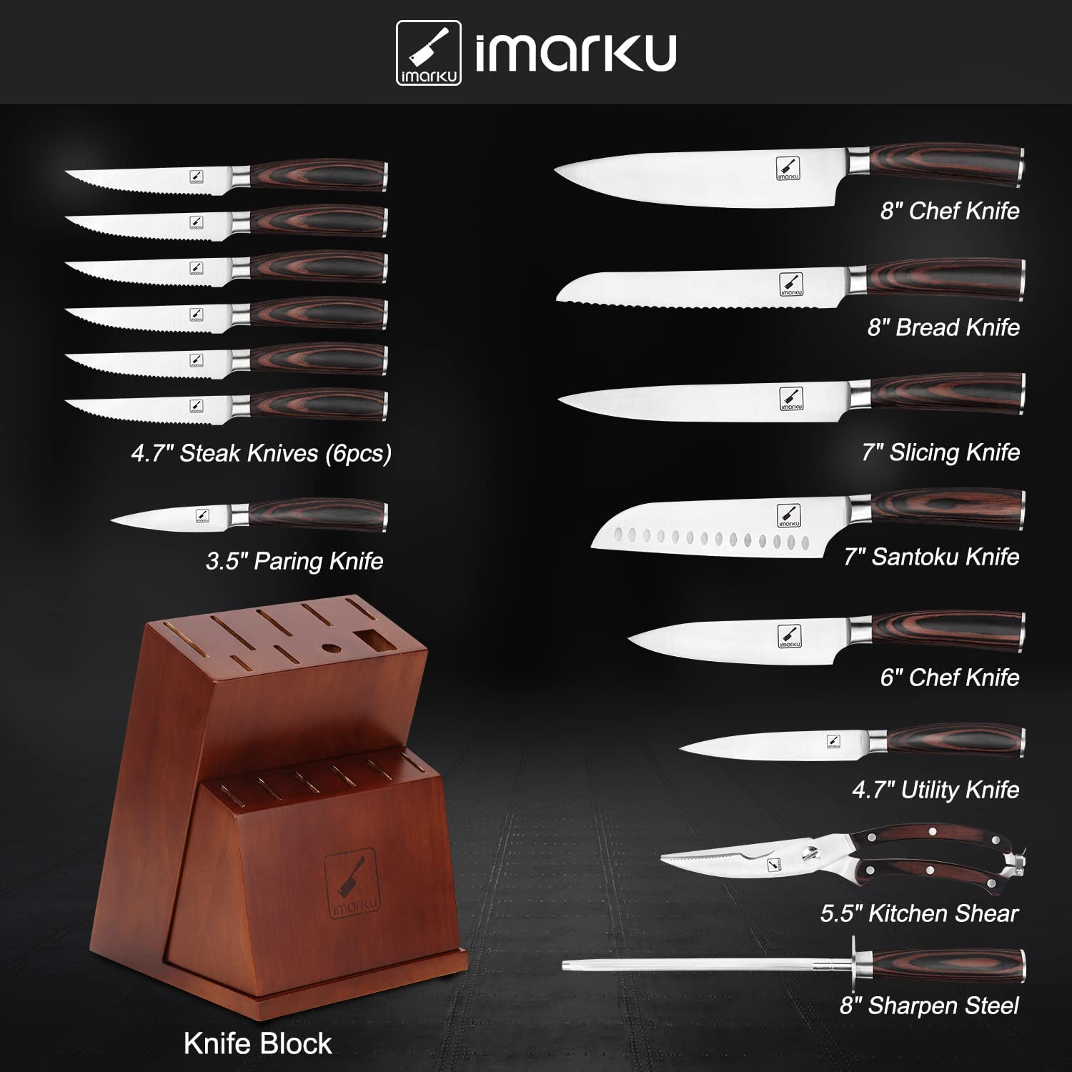 Knife Set, Imarku 16-Pieces Premium Kitchen Knife Set, German Stainless Steel Knife Set with Block and Knife Sharpener