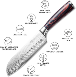 Santoku Knife - PAUDIN N5 7" Kitchen Knife, High Carbon Stainless Steel Chef Knife, Super Sharp Multifunctional Chopping Knife for Meat Vegetable Fruit with Pakkawood Handle and Gift Box
