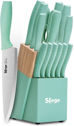 Image of Knife Set, 15-Piece Kitchen Knifes with Wooden Block, Professional Chef Knife Sets with Sharpener Scissors, Stainless Steel Sharp Knives for Home, Green Wheat Straw Handle, Light