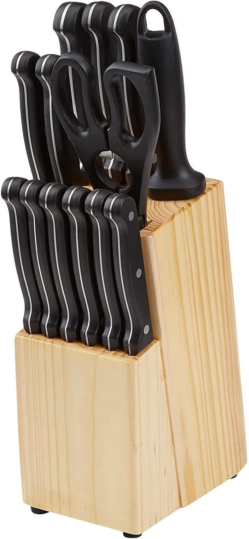 Amazon Basics 14-Piece Kitchen Knife Block Set, High-Carbon Stainless Steel Blades with Pine Wood Knife Block