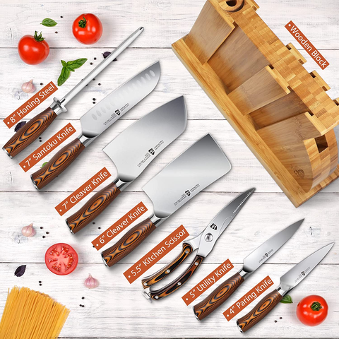Image of TUO 8-Pcs Kitchen Knife Set - Forged German X50Crmov15 Steel - Rust Resistant - Full Tang Pakkawood Ergonomic Handle - Kitchen Knives Set with Wooden Block - Fiery Phoenix Series