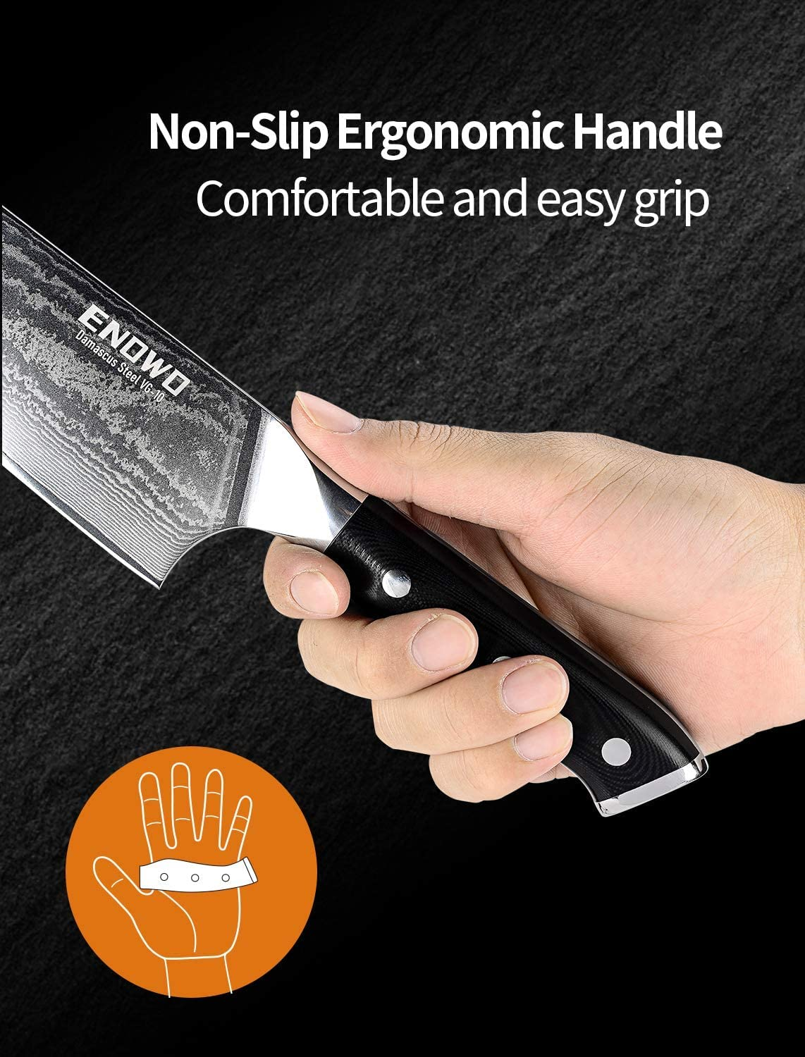 Enowo Damascus Chef Knife 8 Inch with Premium G10 Handle&Triple Rivet,Razor Sharp Kitchen Knife Japanese VG-10 Stainless Steel,Gift Box,Ergonomic,Superb Edge Retention, Stain & Corrosion Resistant
