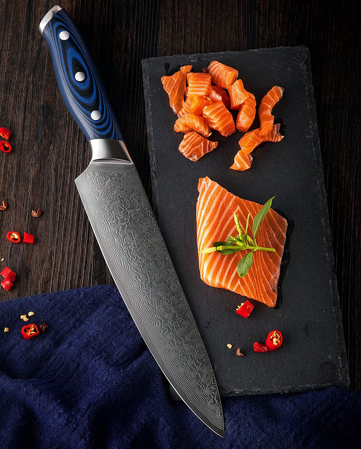 [8-Inch]Chef Knife FANTECK Professional Damascus Chef Knife High Carbon Ultra Sharp VG-10 Damascus Stainless Steel 67 Layers Kitchen Meat Cutting Gyuto Chef Knife [Gift Box]- Ergonomic Blue G10 Handle