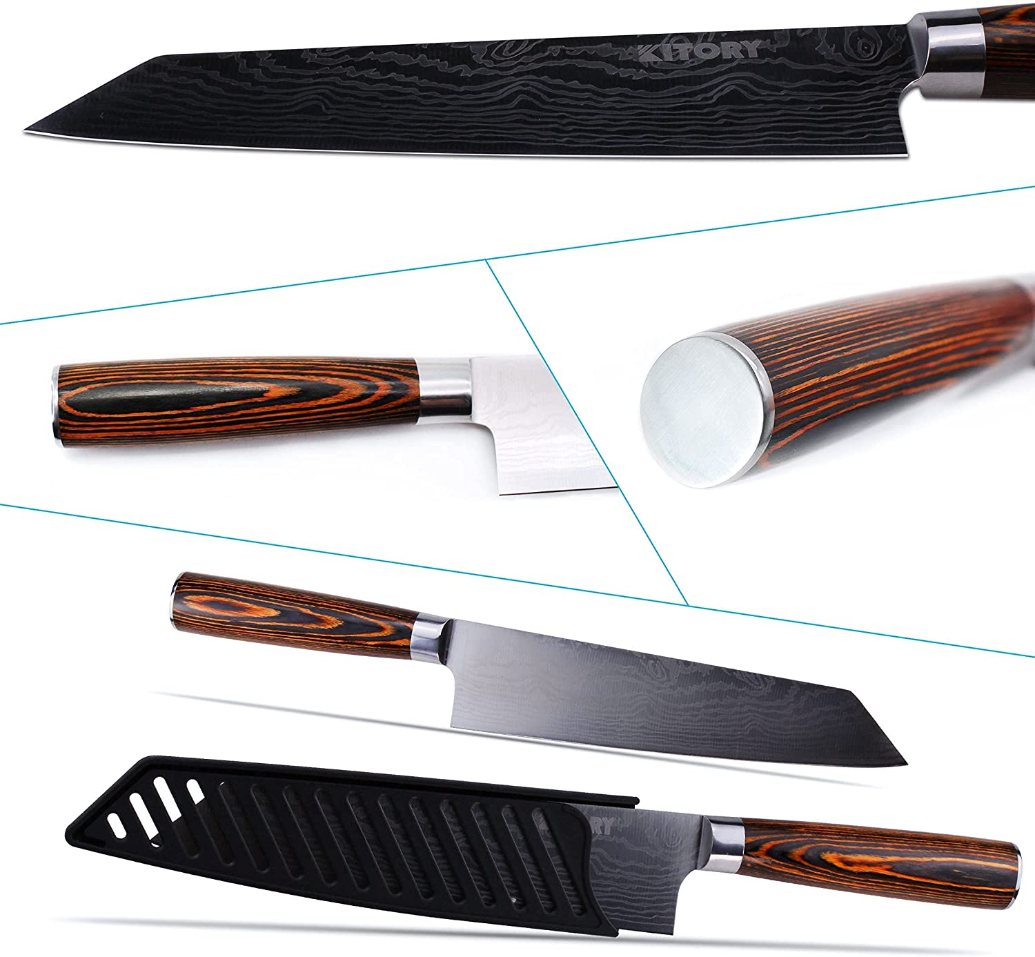 KITORY Kiritsuke Knife Chef`S Knife 7.5" Damascus Pattern Japanese Kitchen Knives with Sheath for Meats, Sushi and Vegetables, German HC Steel, Pakkawood Handle for Home&Restaurant-Flamingo SERIES