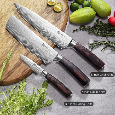 Image of PAUDIN Kitchen Knife Set, Professional Chef Knife Set with Ultra Sharp Blade & Wooden Handle, 3 Pieces German High Carbon Stainless Steel Knife Set
