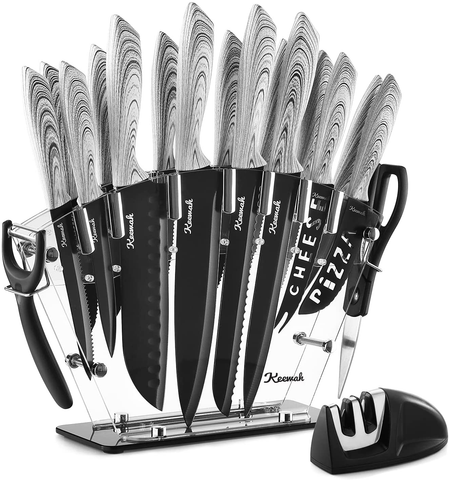 Image of Keewah 19 Pieces Kitchen Knife Set, 15 Stainless Steel Knives with Wood Texture Handle, Acrylic Stand, Scissors, Peeler and Knife Sharpener