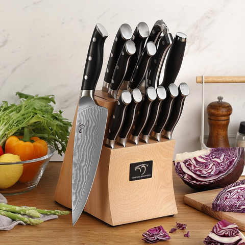 Image of Kitchen Damascus Knife Set, 15-Piece Kitchen Knife Set with Block, ABS Ergonomic Handle for Chef Knife Set and Serrated Steak Knives Knife Sharpener and Kitchen Shears, Beechwood Block