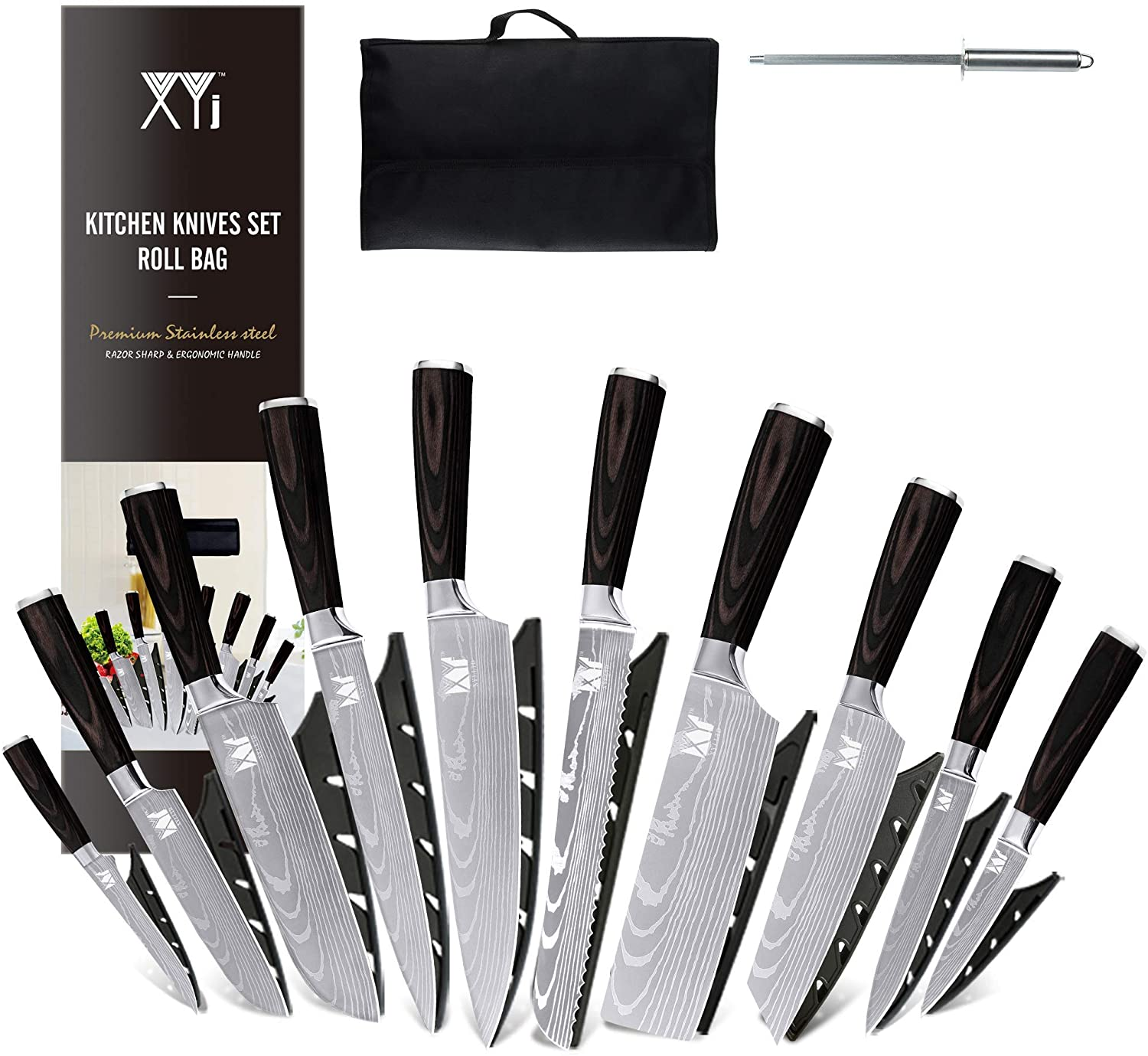 XYJ Stainless Steel Kitchen Knives Set 10 Piece Chef Knife Set with Knife Sharpening Rod Carry Case Bag & Sheath Well Balance Ergonomic Handle