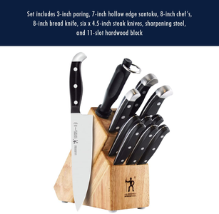 HENCKELS Statement 12-Pc Kitchen Knife Set with Block, Chef’S Knife, Steak Knife Set, Bread Knife, Kitchen Knife Sharpener, Light Brown
