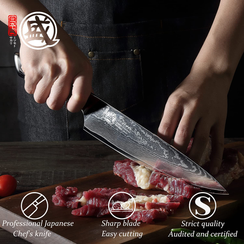Image of MITSUMOTO SAKARI 8 Inch Japanese Gyuto Chef Knife, AUS-10 Premium Damascus Steel Kitchen Cooking Knife, Professional Hand Forged Meat Sushi Knife (Pakkawood Handle & Gift Box)