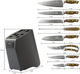 Kitchen Damascus Knife Set, 9-Piece Kitchen Knife Set with Block, Non-Slip G10 Ergonomic Triple Rivet Handle for Chef Knives, Knife Sharpener and Kitchen Shears, Natural Wood Block (Black)
