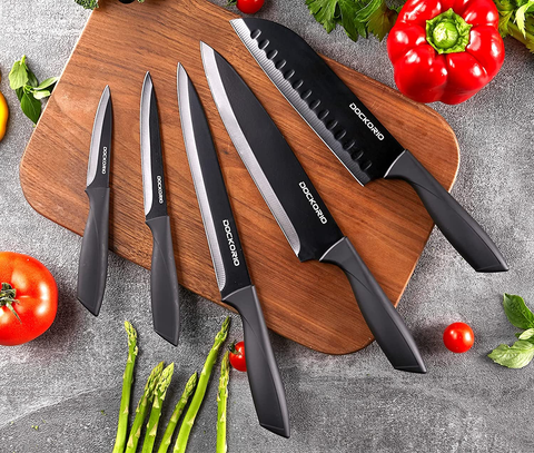 Image of Dockorio Kitchen Knife Set with Block, 19 PCS High Carbon Stainless Steel Sharp Kitchen Knife Set Includes Serrated Steak Knives Set, Chef Knives, Bread Knife, Scissor, Sharpener, All in One Knife Set