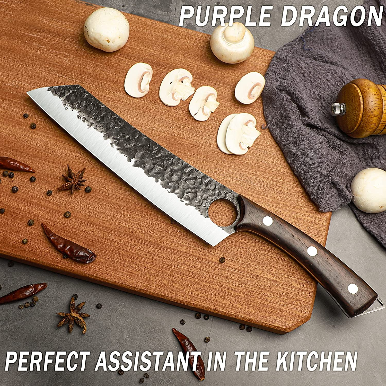 Purple Dragon Chef Knife Meat and Vegetable Cleaver Knife Hand Forged Boning Knife 8.5 Inch Full Tang Design High Carbon Steel Kitchen Knife for Home Kitchen Restaurant