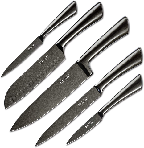Image of EUNA 5 PCS Kitchen Knife Boxed Set Ultra Sharp Japanese Knives with Sheaths and Gift Box Chefs Knives Set for Professional Multipurpose Cooking with PP Ergonomic Handle (Black-Brown)