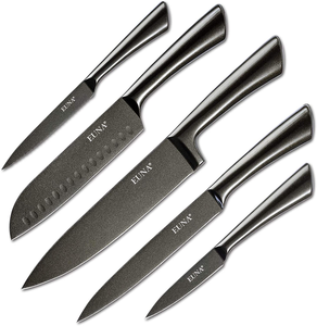 EUNA 5 PCS Kitchen Knife Boxed Set Ultra Sharp Japanese Knives with Sheaths and Gift Box Chefs Knives Set for Professional Multipurpose Cooking with PP Ergonomic Handle (Black-Brown)